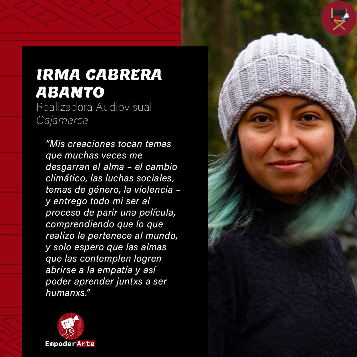 empoderartecine's tweet photo. Mujeres del #CinePeruano 🎬💜

Irma es realizadora audiovisual de #Cajamarca, fotógrafa y música experimental. Tiene 13 películas cortas en su producción que han participado en #festivales internacionales de #cine independiente.

👉 https://t.co/TToLf3D80I

#peru #empoderartecine https://t.co/hZ1Po3IQ0F