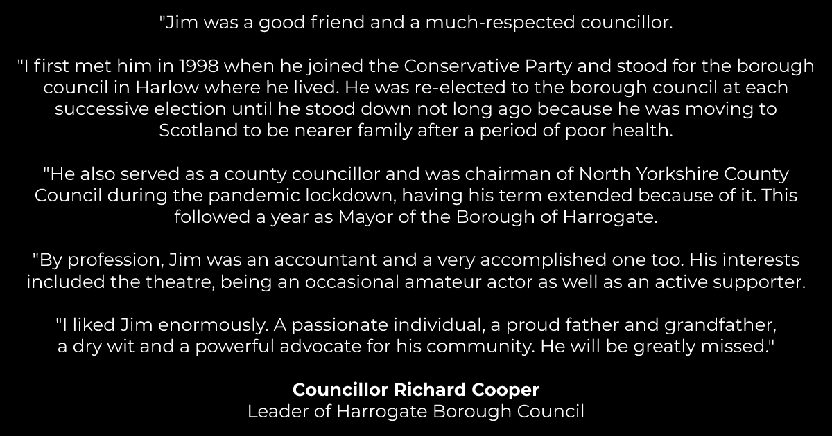 It is with great sadness to announce the passing of Jim Clark, former councillor for the Harrogate Harlow ward.

We would like to share our deepest condolences to Jim's family during this time.