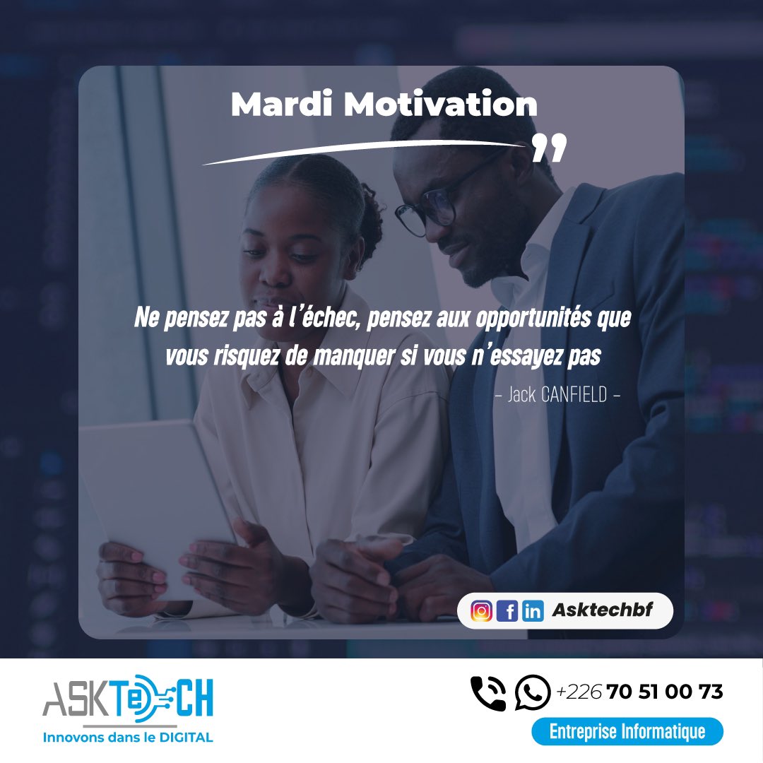 asktech_bf's tweet image. Toujours tenter et avoir comme mot d’ordre d’arrêt « le succès »

ASKTech innovons dans le digital 🤩

#asktech #digital #motivation
