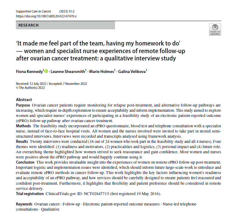 Out today in @MASCC_JSCC funded by @yorkshirecancer 'It made me feel part of the team, having my homework to do' women & specialist nurse experiences of remote follow‑up after ovarian cancer treatment doi.org/10.1007/s00520… @POGWeb @LeedsMedHealth @lshears_ @MarieH2211