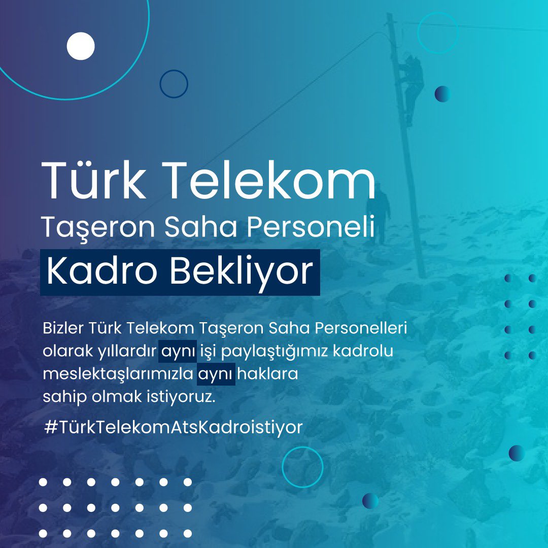 #AtsKadroistiyor

Bizler Türkiye’nin kesintisiz iletişimi için çalışan emekçileriz.
Taşeron firmalar aradan çıkarılarak,
Türk Telekom’un kendi bünyesinde istihdam edilmek istiyoruz.

<a href="/RTErdogan/">Recep Tayyip Erdoğan</a>
<a href="/vedatbilgn/">Vedat Bilgin</a>
<a href="/csgbakanligi/">T.C. Çalışma ve Sosyal Güvenlik Bakanlığı</a>
<a href="/akaraismailoglu/">Adil Karaismailoğlu</a>
<a href="/ofatihsayan/">Dr. ÖMER FATİH SAYAN</a>
<a href="/VeliSolak/">Veli SOLAK</a>
@Ahaber 
@FOXhaber
