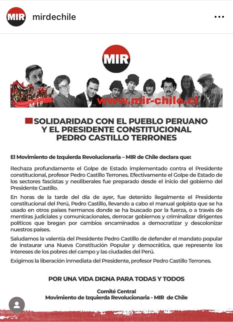 Declaración de solidaridad con el pueblo peruano y el Presidente Constitucional Pedro Castillo Terrones.
🔴Exigimos liberación inmediata del Presidente, Profesor Pedro Castillo Terrones⚫️

instagram.com/p/Cl6lxo4u9To/…
