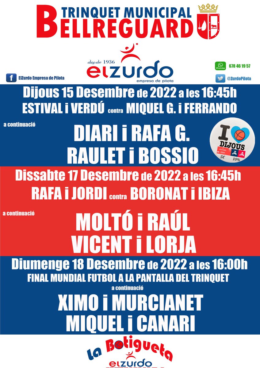 🗣PROGRAMACIÓ SETMANAL
al @ZURDOPILOTA de Bellreguard 
📍DIJOUS (Low Cost ⬇️💰)
Raspall Juvenil
Raspall Professional 
📍DISSABTE
Gran vesprada amb el millor 
Raspall Professional 🔝👌🏻
📍DIUMENGE
Final Mundial Futbol 🖥🍿
Raspall Professional🔝👌🏻
#pilotamola #pilotavalenciana