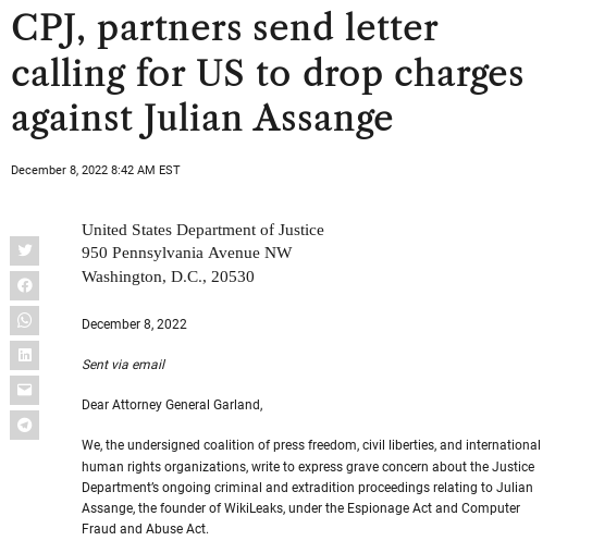 wikileaks's tweet photo. Almost 2 dozen Free Speech and Human Rights groups urge end to Julian Assange prosecution, saying "the prosecution of Assange in the U.S. would set a harmful legal precedent and deliver a damaging blow to press freedom" #FreeAssangeNOW https://t.co/UaHX8flScI https://t.co/og37DVGLJ1