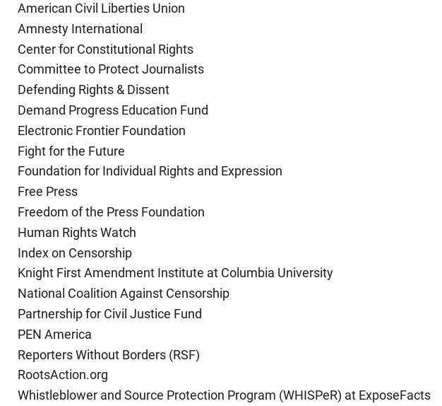 wikileaks's tweet photo. Almost 2 dozen Free Speech and Human Rights groups urge end to Julian Assange prosecution, saying "the prosecution of Assange in the U.S. would set a harmful legal precedent and deliver a damaging blow to press freedom" #FreeAssangeNOW https://t.co/UaHX8flScI https://t.co/og37DVGLJ1
