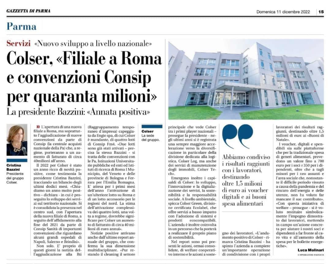 Colser sulla gazzetta di Parma: "Filiale a Roma e convenzioni Consip per 40 milioni". Bazzini: "Annata positiva"

bit.ly/3uK5mnN