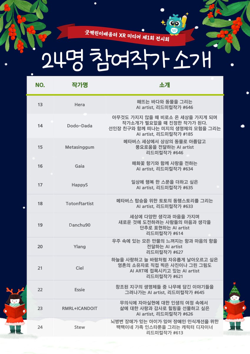 AI artist와 일반 작가가 모여서 전시를 하는
굿짹린이배움터 XR미디어 전시회에 초대합니다. 
url.kr/lyet6k

12,000원 입장료가 있지만 
폼을 작성하시면 금액이 무료입니다. 
많은 참여 부탁드려요!

#굿짹린이배움터 #XR미디어 #XR전시회 #AIartist 
#스타윙스갤러리 #갤러리XR