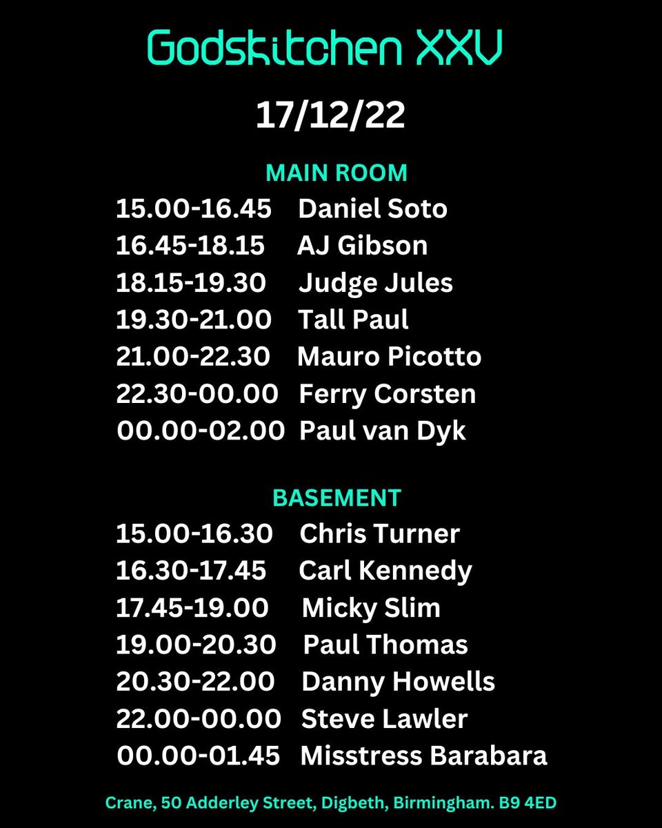 🎧 Set times // <a href="/Godskitchen/">Godskitchen</a>  XXV @ <a href="/cranebirmingham/">CRANE</a> 😇