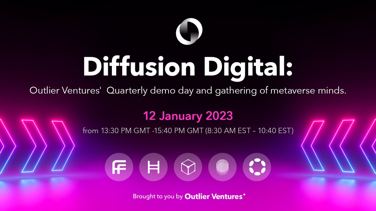 oviohq's tweet photo. Diffusion is back and bigger than ever!

On 12 January, 13:30 GMT (8:30 EST), we are hosting a quarterly gathering of the metaverse community, featuring conversations with Web3 visionaries and demos from our newest batch of founders.

Register at https://t.co/DRCCBESvb6 https://t.co/cEhKDLzJ8l