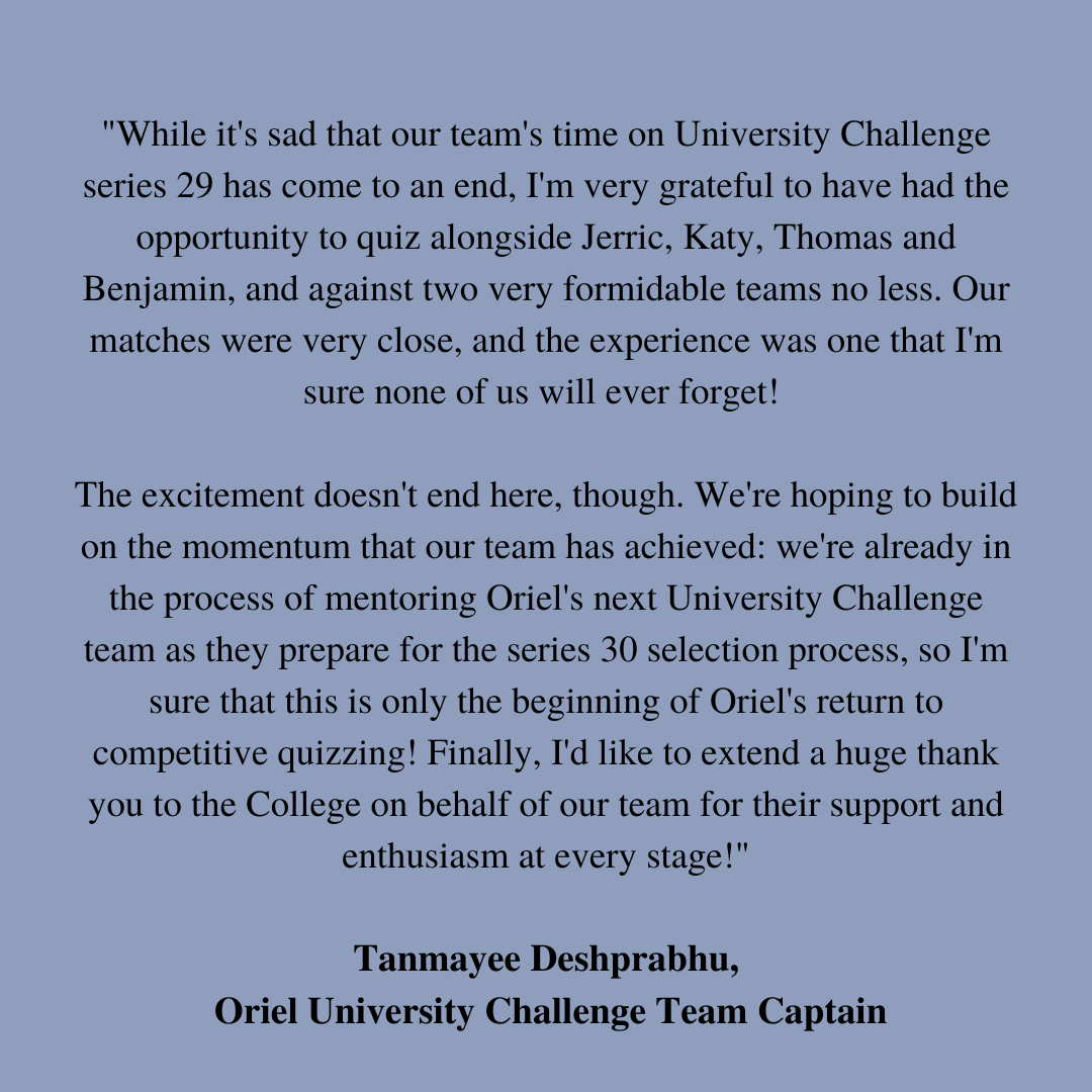 OrielOxford's tweet photo. Yesterday evening Oriel played in the final #UniversityChallenge play-off of the series against @BristolUni, scoring 150 points v Bristol’s 185. 
Although the score was not enough to make it through to the next round, we congratulate the team for their determination &amp; resilience! https://t.co/2iOWYLfgdc