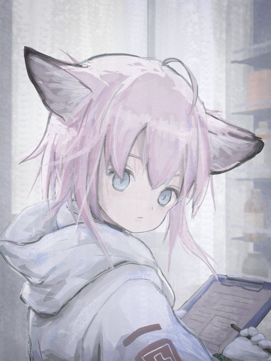 sussurro (arknights) 1girl solo animal ears looking at viewer hood down hood ahoge  illustration images