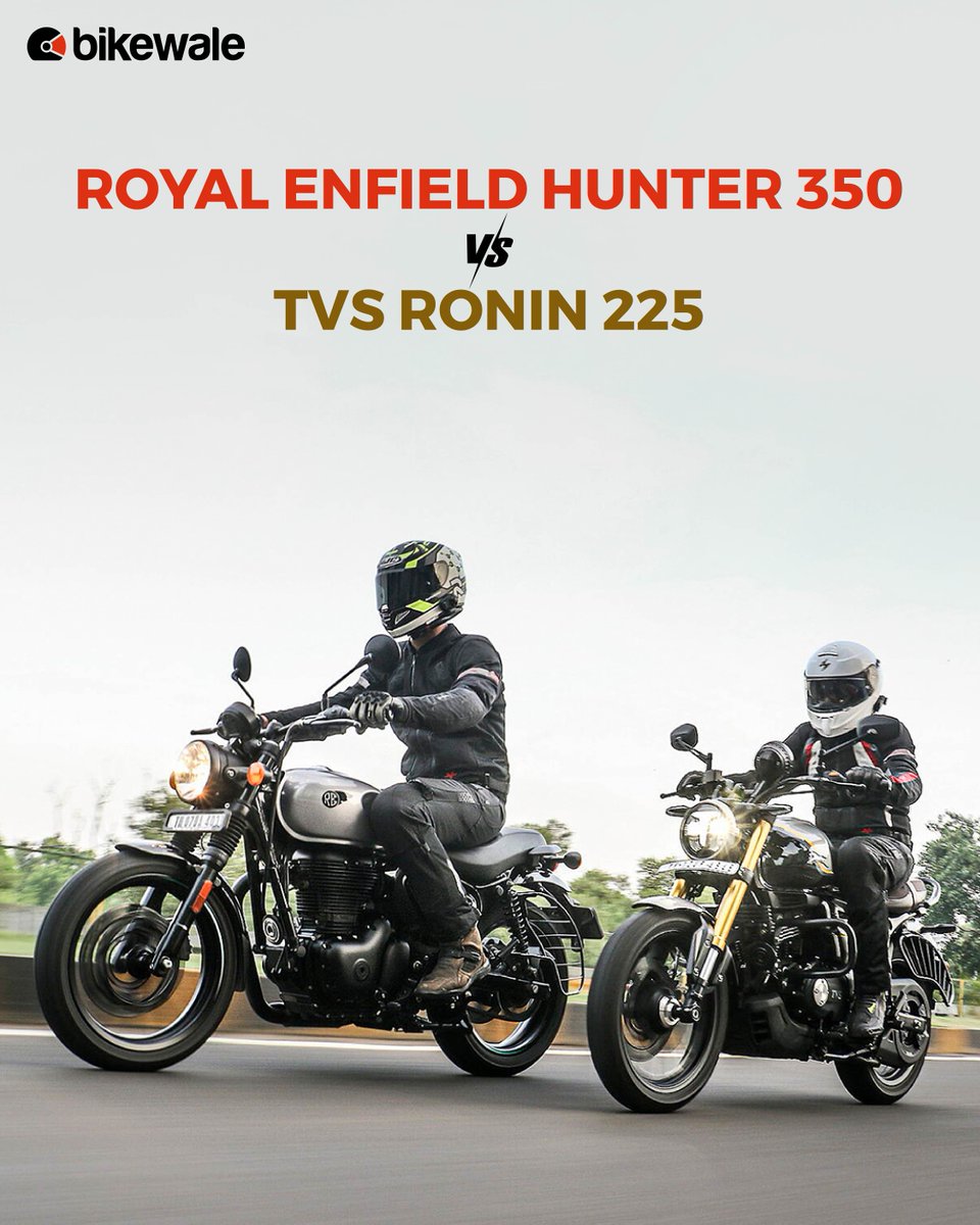 BikeWale's tweet photo. The #Hunter350 and the #Ronin225 have the same goal. Both these motorcycles aim to hook a buyer looking for a modern bike but with some tasteful sprinkling of retro charm.
For more details: https://t.co/8pBtbBgrtk

#BWPhotos #tvs #royalenfield https://t.co/6lfpDdVQ5N