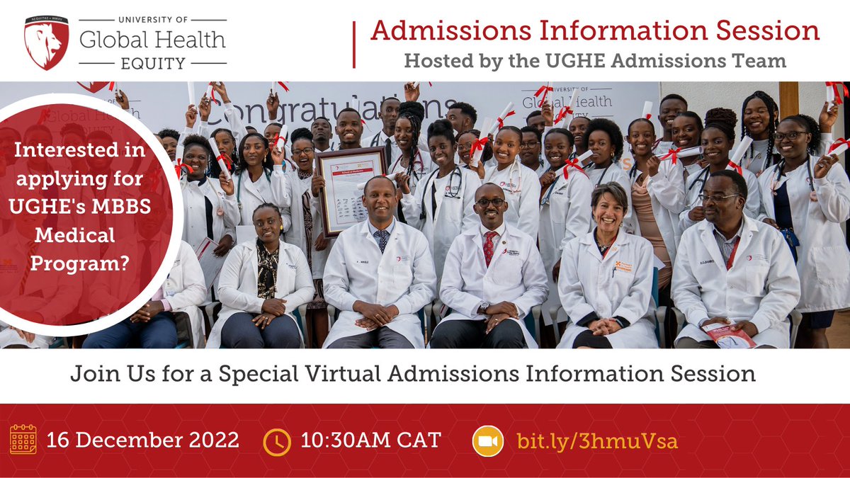 Interested in applying for #UGHE's Bachelor of Medicine, Bachelor of Surgery(MBBS) program? UGHE’s Admissions Team is delighted to invite you to the virtual information session this Friday 16th December at 10:30AM CAT.

Register to join us ➡️: bit.ly/3hmuVsa