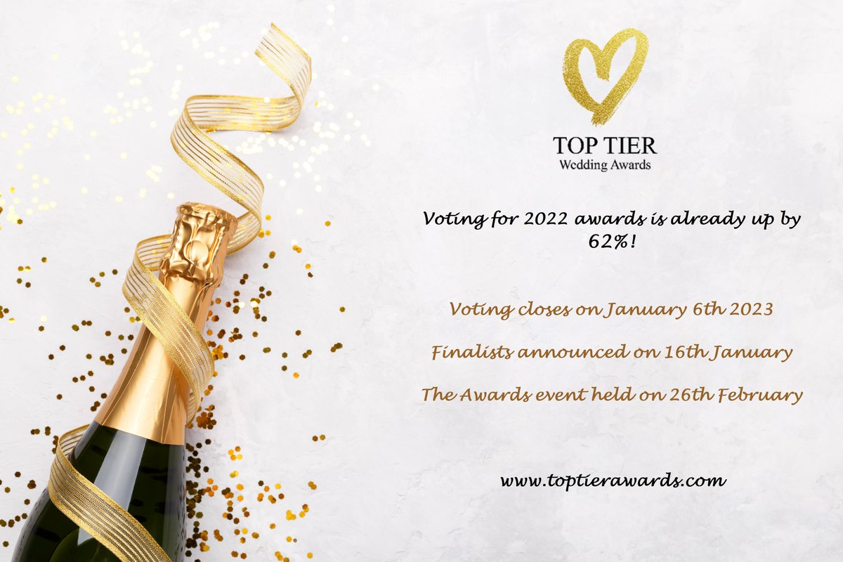 We are almost at the end date for votes to determine the top wedding suppliers for 2022. Voting closes 31/12/2022. #toptierawards #weddingawards #theonebridesvotefor