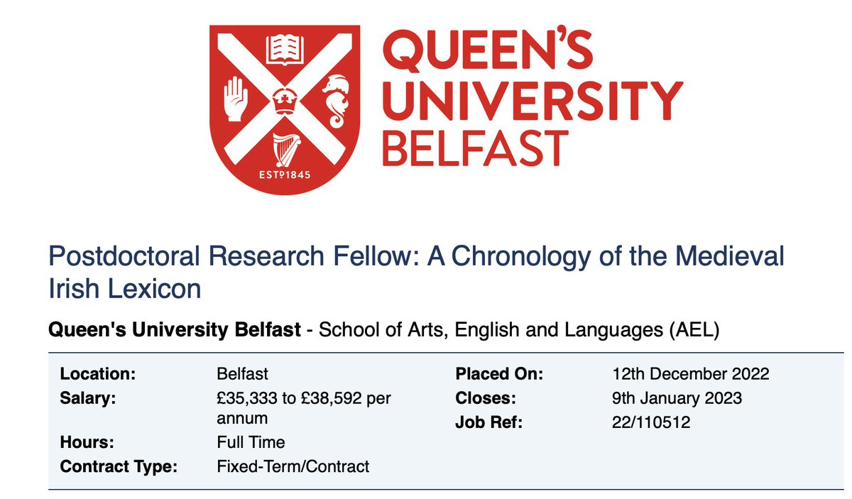 🥁Join us!! #jobfairy

Postdoctoral Research Fellow

The new eDIL project: 'A Chronology of the Medieval Irish Lexicon'

Based at Queen's University, Belfast
Funded by <a href="/ahrcpress/">Arts and Humanities Research Council</a> 
Exciting project, excellent terms, a team that keeps coming back for more! 

jobs.ac.uk/job/CVV544/pos…