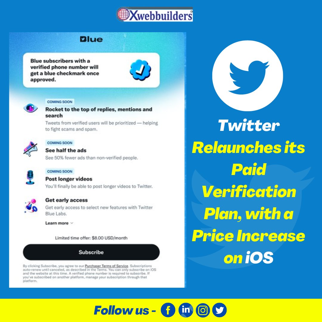 xweb_dotcom's tweet photo. Twitter Relaunches its Paid Verification Plan, with a Price Increase on iOS.
.
#xwebbuilders #twitter #twitterpost #post #twittertick #bluetick #paidverification #likes #follows https://t.co/cj47JCikVE