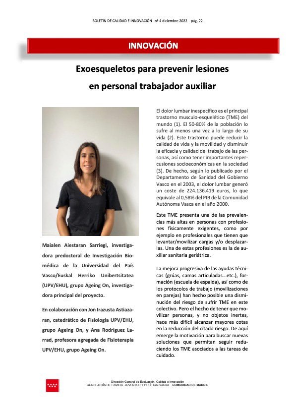 Maialen Aiestaran Sarriegi (@maialenaisa) on Twitter photo Madrilgo erkidegoko “Boletín de Calidad e Innovación”-erako idatzitako artikulua exoeskeletoen proiektuari buruz. 👏🏾
<a href="/RLarrad_Ana/">Ana Rodriguez Larrad</a> <a href="/irazusta_jon/">Jon Irazusta</a> <a href="/AgeingOn/">AgeingOn Research Group</a> <a href="/upvehu/">UPV/EHU</a> <a href="/BizkaiaSocial/">BizkaiaSocial</a> <a href="/Bizkaia/">Bizkaiko Foru Aldundia/Diputación Foral de Bizkaia</a>
#exoskeleton #care #lowerbackpain #zaintza #exoeskeletoak #cuidados #exoesqueletos Madrilgo erkidegoko “Boletín de Calidad e Innovación”-erako idatzitako artikulua exoeskeletoen proiektuari buruz. 👏🏾
<a href="/RLarrad_Ana/">Ana Rodriguez Larrad</a> <a href="/irazusta_jon/">Jon Irazusta</a> <a href="/AgeingOn/">AgeingOn Research Group</a> <a href="/upvehu/">UPV/EHU</a> <a href="/BizkaiaSocial/">BizkaiaSocial</a> <a href="/Bizkaia/">Bizkaiko Foru Aldundia/Diputación Foral de Bizkaia</a>
#exoskeleton #care #lowerbackpain #zaintza #exoeskeletoak #cuidados #exoesqueletos