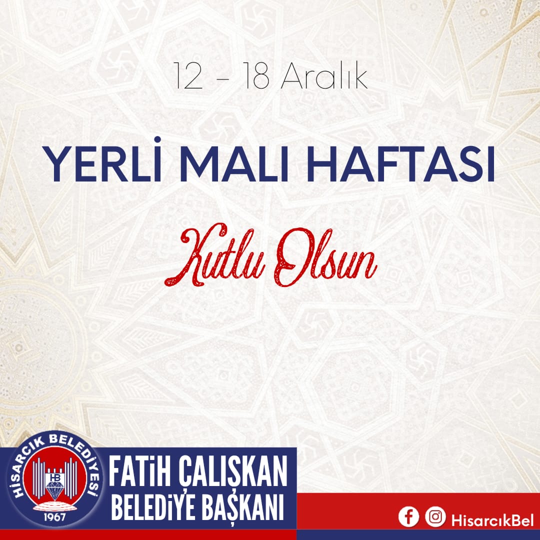Ülkemizin bereketli topraklarında yetişen ürünler başta olmak üzere yerli üretimin tercih edilerek ülke ekonomisine katkı sağlanması, tasarrufun elden bırakılmaması gerekliliğine bir kez daha vurgu yaparak,  Aralık #YerliMalıHaftasını kutluyorum.
#yerlimalı
#Kütahya 
#hisarcık