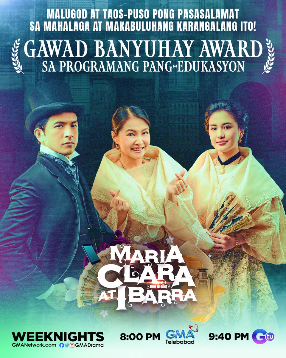 GMADrama's tweet photo. PANALO YARN?! 👏

#MariaClaraAtIbarra won the Gawad Banyuhay sa Programang Pang-Edukasyon, ang kauna-unahang award ng programa! Maraming salamat po sa makabuluhang karangalan na ito! https://t.co/RPwbT4ncMe