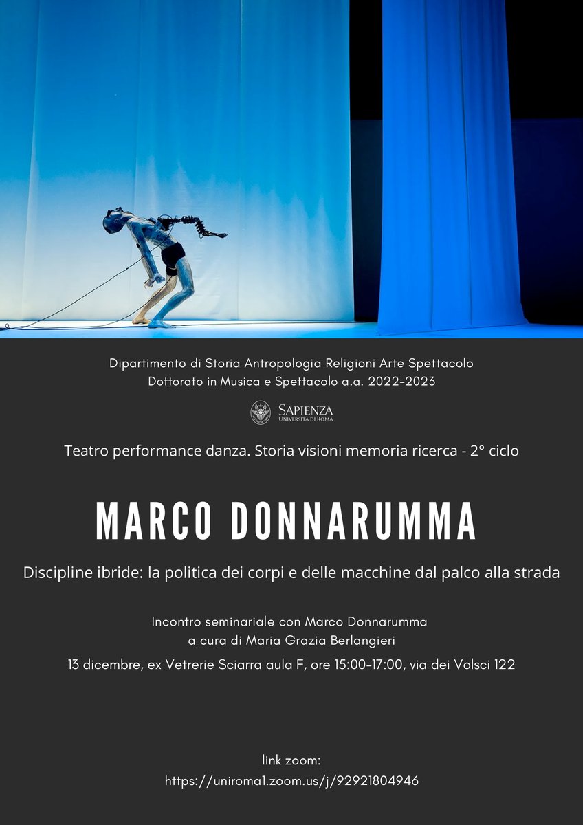 MarcoDonnarumma @Body_sound_machine@assemblag.es (@marcodonnarumma) on Twitter photo short notice, but this lecture is today at 3pm! I speak at Sapienza university in Rome (in Italian) about "Hybrid disciplines: the politics of bodies and machines from the stage to the street". Open to the public!
shorturl.at/dCLT5 short notice, but this lecture is today at 3pm! I speak at Sapienza university in Rome (in Italian) about "Hybrid disciplines: the politics of bodies and machines from the stage to the street". Open to the public!
shorturl.at/dCLT5