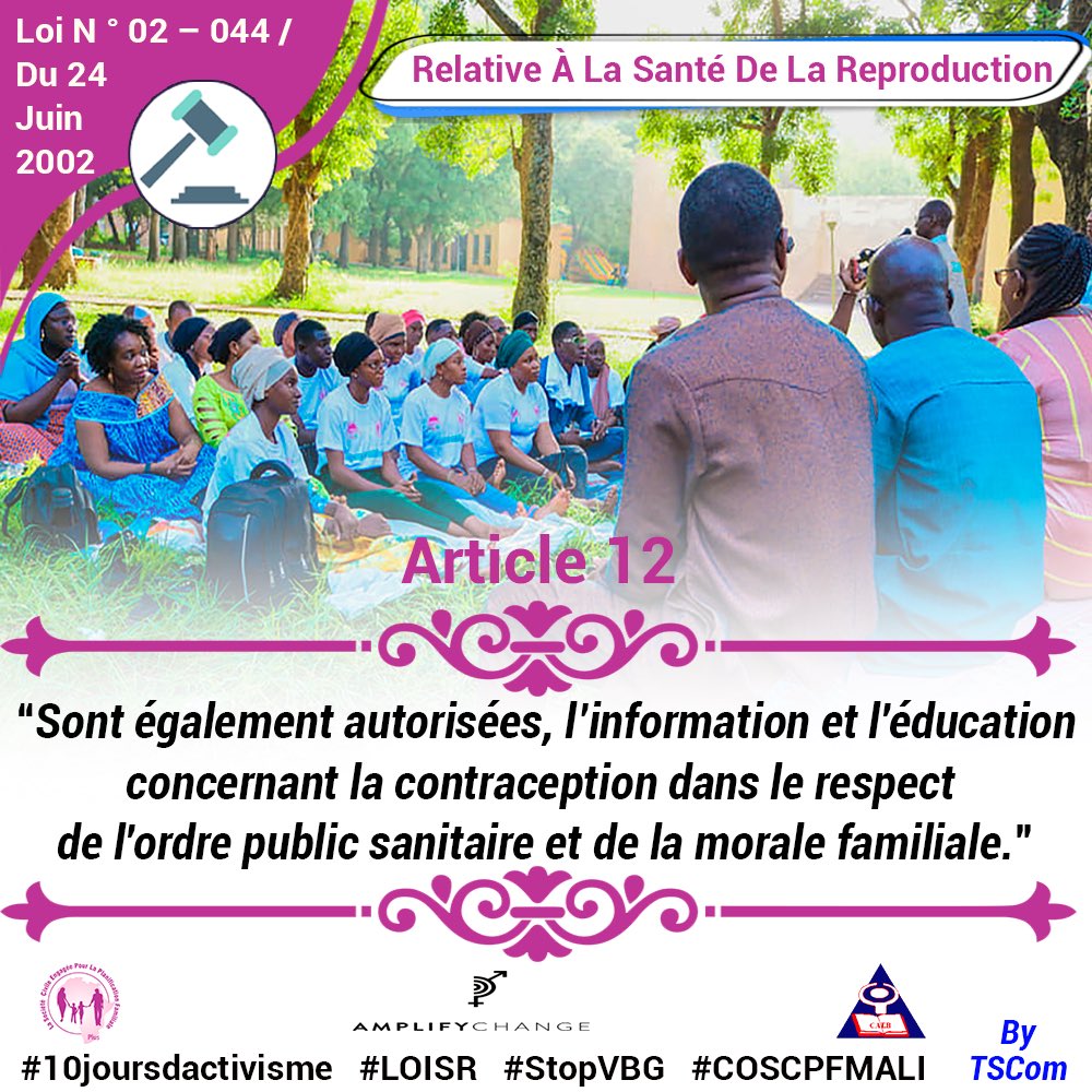 CitoyenneteE's tweet photo. Faisons connaître la loi SR, pour faciliter son application. 

Loi N ° 02 – 044 / Du 24 Juin 2002 de la santé de la reproduction, Relative À La Santé De La Reproduction;

#10joursdactivisme 
#LOISR
#StopBVG  
#AmplifyChange
#COSCPFMALI

@RJASRPFMALI https://t.co/XbMxwbPe6t