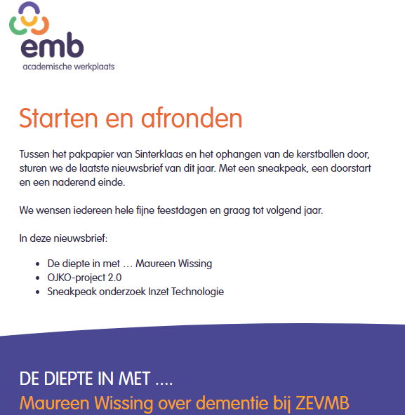 Nieuwe nieuwsbrief, met daarin update OJKO-project, een sneakpeak en Maureen Wissing die uitlegt hoe je ziet of iemand met ZEVMB dingen vergeet. #dementie #zevmb #academischewerkplaatsEMB Lees 'm via deze link: lnkd.in/ezPXvVup