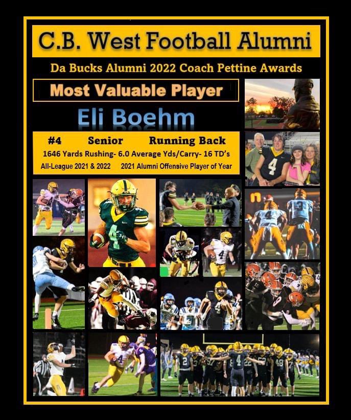 westcbfootball's tweet photo. Thanks to the CB West Football Alumni for honoring @boehm_eli as Most Valuable Player for the 2022 season! https://t.co/EovkkF1xwr