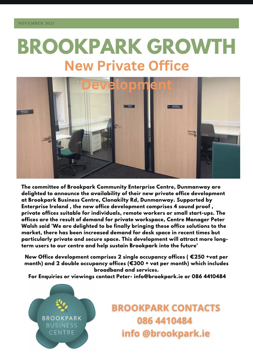 We have new private offices available for short term rental .. from only €25 per day .. you can book here bookinghawk.com/book-online/br… 
or contact Peter for details on 
086 4410484 or email  info@brookpark.ie