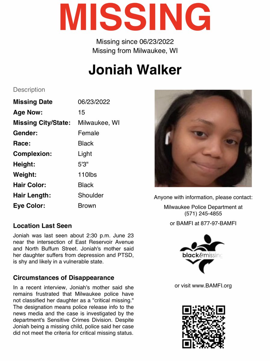 #Milwaukee, WI: 15y/o Joniah Walker is STILL MISSING. She was last seen June 23. Pls SHARE to help find her. #HelpUsFindJoniah #JoniahWalker