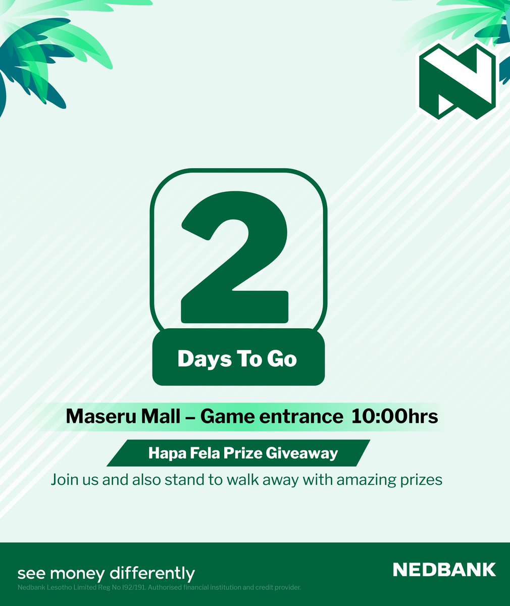 NedbankLes's tweet photo. This is legit the last week for you to stand a chance of winning either M1,000.00 cash or a grocery voucher of M500.00 to add to your December needs!
Visit https://t.co/ZVfhaCMKY8 for more details.
#TwoDayCountdown
#NedbankHapaFeela
#SeeMoneyDifferently https://t.co/U0RGQ4fQ45