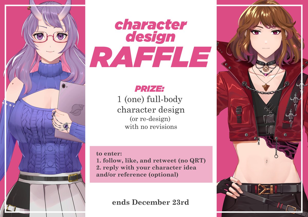 ⭐ART RAFFLE⭐

Prize: a full-body character design!! can be used for vtubing, or literally anything! 

Rules
♥️follow me
♥️like and retweet (no QRT)
♥️reply with your character ideas (optional)