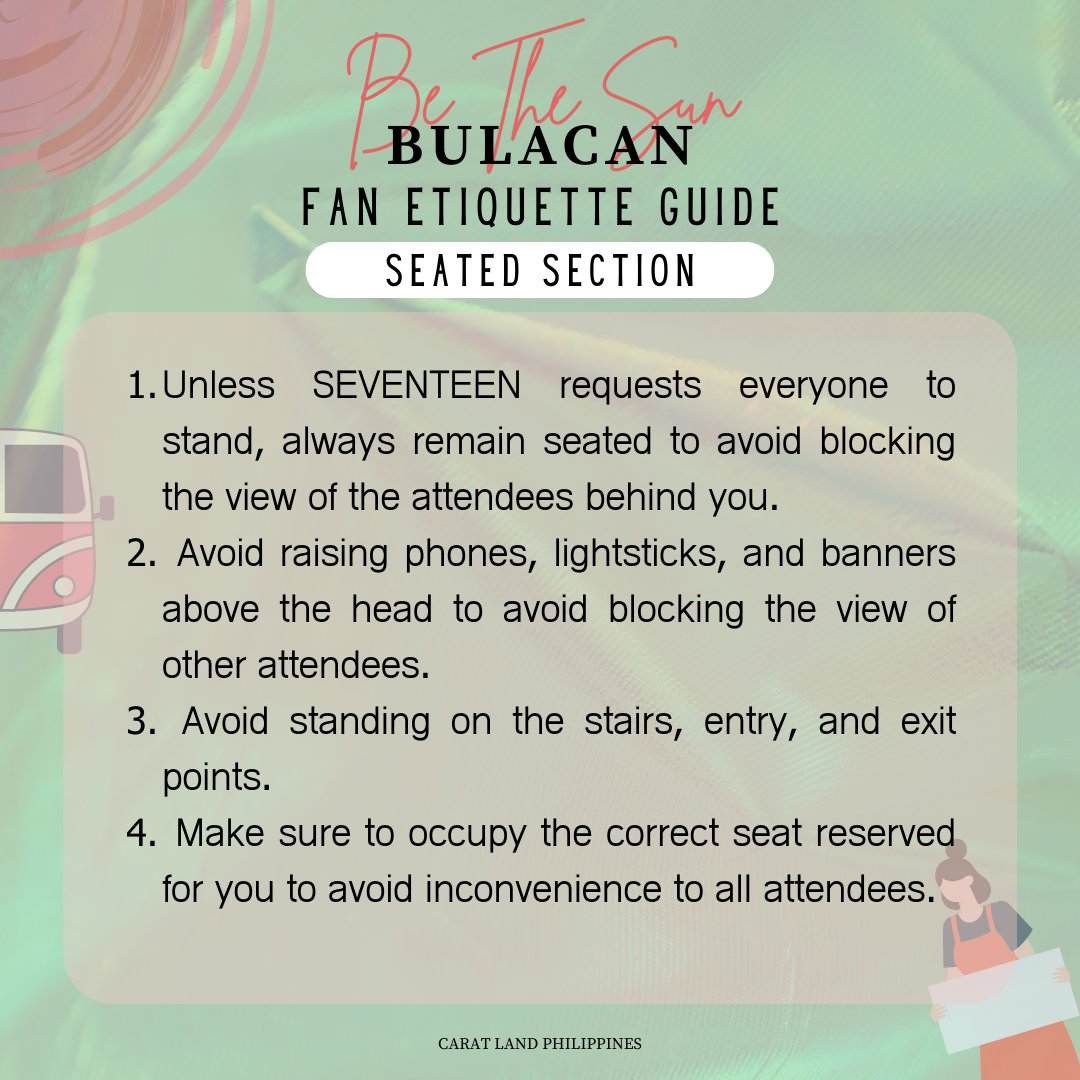 CaratLandPH's tweet photo. 4 DAYS TO GO!

Before the concert, we would like to remind CARATS of some Reminders Regarding Fan Behavior. Kindly take note of these so everyone will have a nice concert experience this coming Be The Sun in Bulacan! ✨

—
#BeTheSuninBULACAN 
December 17 | 6PM PHT https://t.co/HxPD9aNBVF