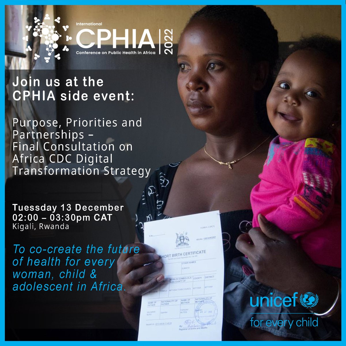 Are you are participating at the #CPHIA2022? 

Please join us for a side event starting in a few minutes: 

Purpose, Priorities, and Partnerships – Final Consultation on Africa CDC Digital Transformation Strategy. 
 
#ForEveryChild, #Health