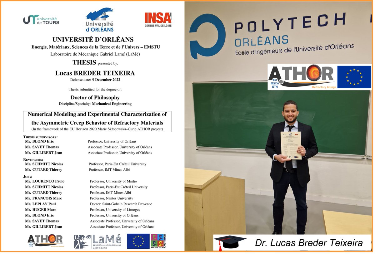 etnathor's tweet photo. 09.12.2022
Our #ESR9 Lucas Breder Teixeira successfully defended his #PhD thesis at @PolytechOrleans @Univ_Orleans 🇫🇷
From the whole #ATHOR Team: Congratulations Dr. Breder Teixeira!
Well done!! 🍾👏
#H2020 #MSCA #refractories #creepbehavior https://t.co/6gEccVgjiS