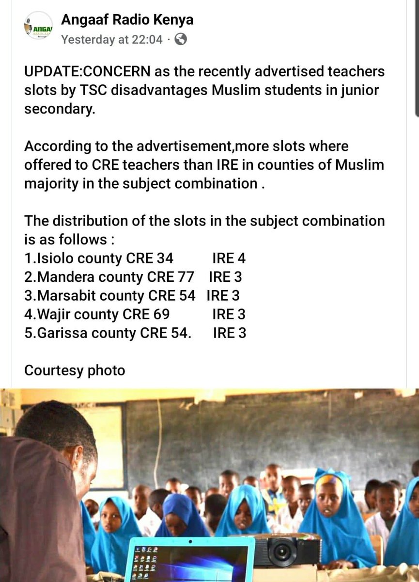 Raised the matters concerning more slots for CRE teachers than IRE in Muslim majority in counties of Isiolo, Mandera, Marsabit, Wajir and Garissa… the TSC CEO apologized and confirmed that there was a mistake in the advert which will be corrected…