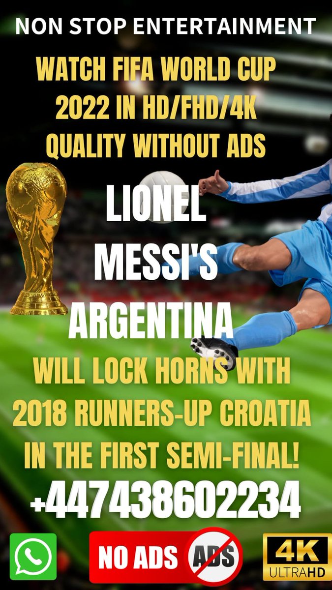 TVTIME999's tweet photo. Watch the first #FIFAWorldCup Semifinal live in HD/UHD/4K quality without Ads along with all other sports live and #Hollywood #Bollywood films #TvSeries #TVShows and #Dramas.
#WorldCup2022
#Qatar2022
#Soccerislife
#NonStopFootball #NonStopEntertainment https://t.co/66mXfojKKm
