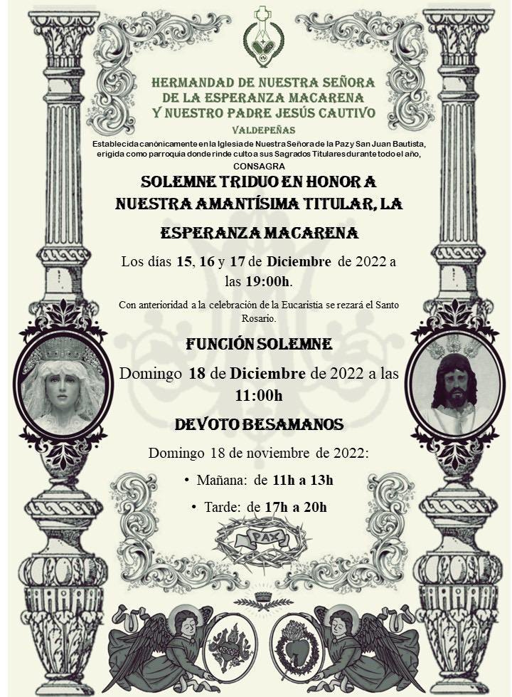 HdadMacarenaVal's tweet photo. 🔴CULTOS| Solemne Triduo a nuestra titular, la Esperanza Macarena, los días 15, 16 y 17 de diciembre a las 19h.

El Domingo 18, día de la ESPERANZA, tendrá lugar la Función Mayor a las 11h quedando en devoto besamanos en el horario de 11h a 13h y de 17h a 20h.

¡ELLA TE ESPERA!💚 https://t.co/5GvxVnt6yp