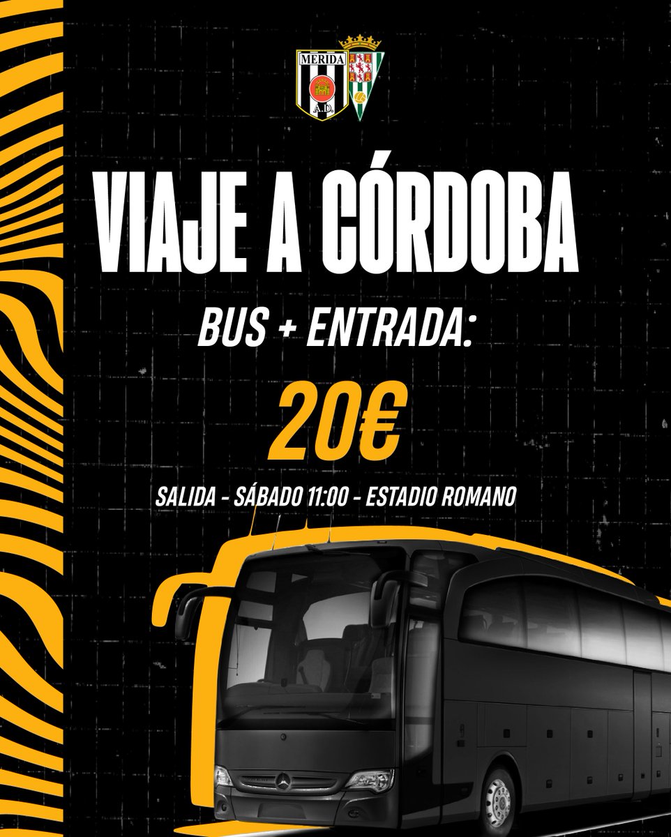 𝗩𝗜𝗔𝗝𝗘 𝗔 𝗖𝗢́𝗥𝗗𝗢𝗕𝗔

🎟️ Entrada + 🚍 bus: 20 euros

😉 Entradas a la venta en la Tienda Oficial desde el miércoles

📲 admerida.es/viaje-a-cordob…

#CórdobaMérida