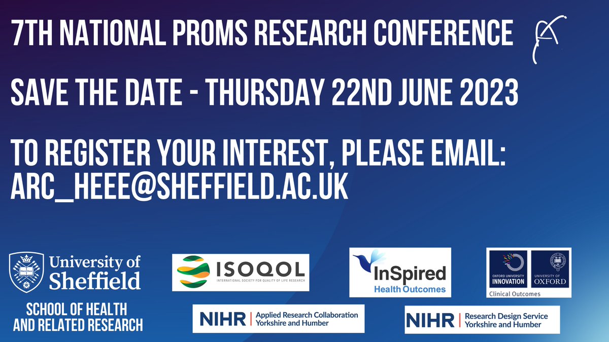 Very excited to announce that <a href="/sheffielduni/">The University of Sheffield</a> will be hosting #UKPROMS conference in 2023!  More details to follow soon, but in the meantime "SAVE THE DATE"!!
<a href="/ISOQOL/">ISOQOL</a> @ScHARRSheffield @ScHARR_KE