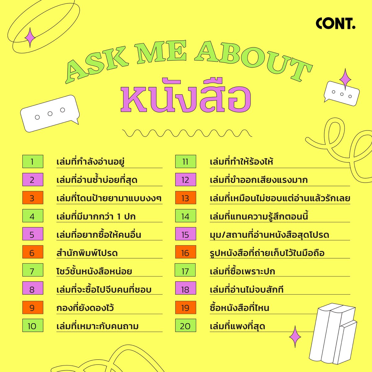 cont_reading's tweet image. เมอร์รี่คริสต์มาสสสส แวะมาแจกเทมเพลตให้นักอ่านไว้ไปโควตเล่นส่งท้ายปีกัน

เชื่อเหลือเกินว่ามันต้องมีบางเล่มที่อ่านได้อ่านในปีนี้ แซงซ้าย ปาดขวา เข้ามาเป็นคำตอบในสิบข้อนี้แน่นอน 🎄

#CONT