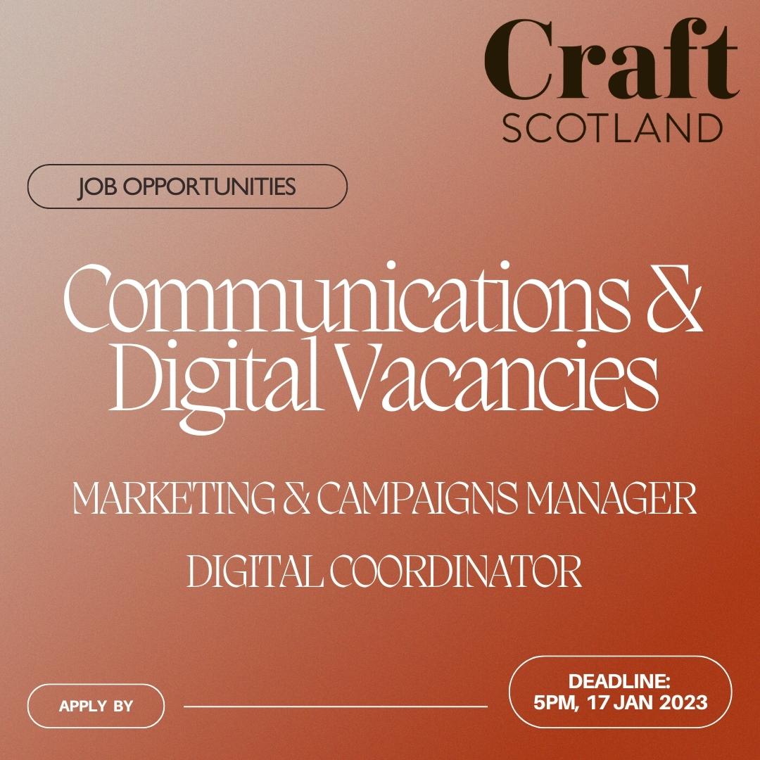 craftscotland's tweet image. 💫 Join our team! 💫

We are looking for a Digital Coordinator to support our digital platforms, and the promotion of the sector and our programme. 

Apply by: 17 Jan 2023: bit.ly/3FjebKa

#jobopportunity