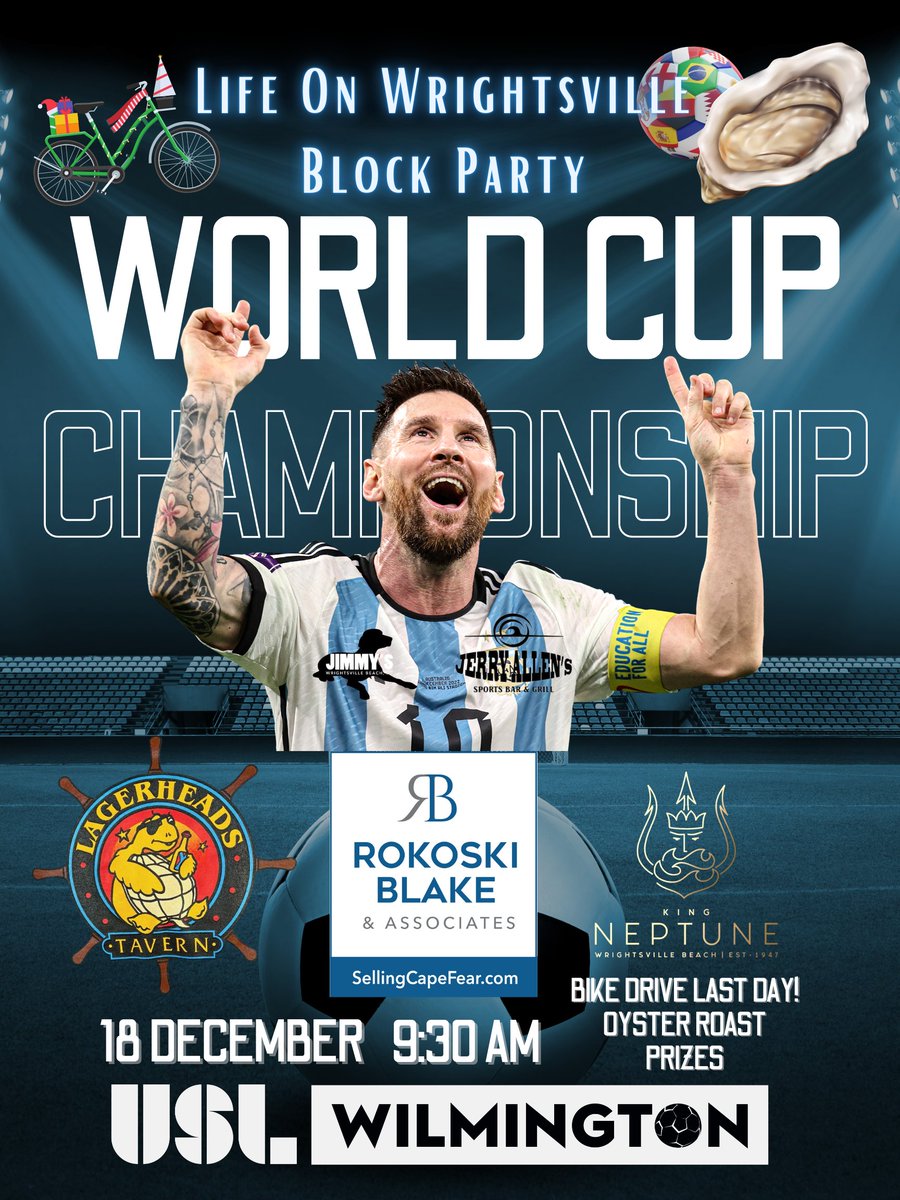Come join us this weekend for the World Cup Final block party on Wrightsville Beach! There will be prizes, an oyster roast and it's the last day of the Jimmy's Bike Drive!  #FIFAWorldCup #uslwilmington