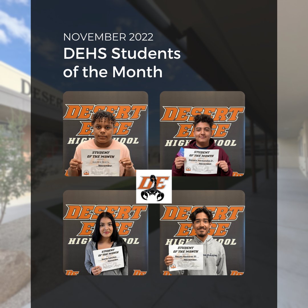DesertEdgeHS's tweet photo. Congratulations to our November Scorpion Students of the Month! We are very proud of you! π§‘π¦π€ #DEHS #ScorpionNation #WeAreDE #DesertEdgeHighSchool #DesertEdgeHS #WeRDE #GoodyearAZ #School #HighSchool #GoodyearLife #CityofGoodyear https://t.co/DjStwrolun