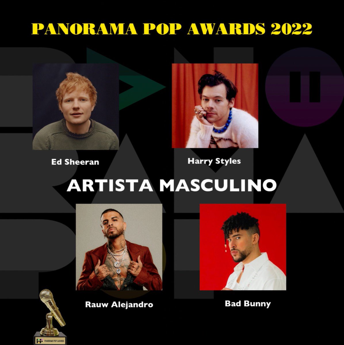 PopPanorama's tweet photo. ¿Quién fue tu artista masculino favorito de este año?
Coméntanos ⬇️
#PPAwards2022 #EdSheeran #BadBunny #RauwAlejandro #HarryStyles https://t.co/TwKtpC5gy7