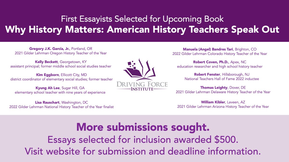 DFI_History's tweet photo. 1st essays from award-winning American #HistoryTeacher &amp; #SocialStudies teachers #HTOY selected for upcoming book. Can you join them? More submissions sought. $500 awards. #sschat Info: https://t.co/7LHUkEOZcB https://t.co/8vcInTFVak