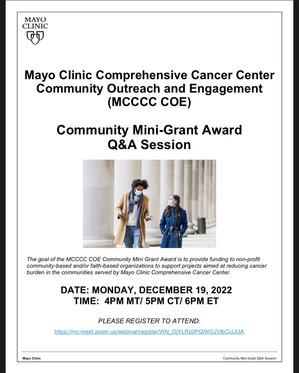 Prof FTO 🇳🇬🇺🇸 (@drodedina) on Twitter photo <a href="/MayoCancerCare/">Mayo Clinic Comprehensive Cancer Center</a> Community Outreach & Engagement is proud to release its Community Mini Grant Award. Join us on Dec 19 to learn about this funding for community-based & faith-based orgs in our catchment areas in FL, AZ, Midwest & across <a href="/MayoClinic/">Mayo Clinic</a> health systems to address cancer <a href="/MayoCancerCare/">Mayo Clinic Comprehensive Cancer Center</a> Community Outreach & Engagement is proud to release its Community Mini Grant Award. Join us on Dec 19 to learn about this funding for community-based & faith-based orgs in our catchment areas in FL, AZ, Midwest & across <a href="/MayoClinic/">Mayo Clinic</a> health systems to address cancer