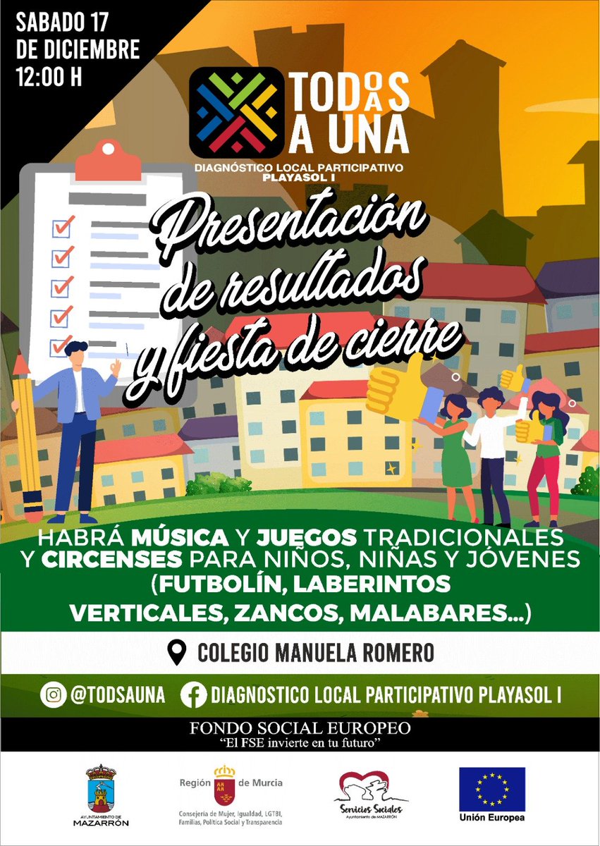 PactosM's tweet photo. Sábado 17 diciembre, 12h, en el colegio Público Manuela Romero📍, Mazarrón,  presentación resultados del diagnóstico local participativo ‘Tod@s a una".  Fiesta infantil: música, juegos tradicionales🎪, futbolín⚽, laberintos, zancos, malabares. #FSE #CARM @de_mazarron https://t.co/LIjIrGndjI