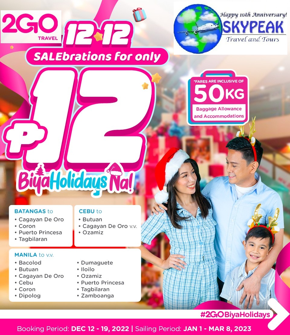 sky_peak's tweet photo. 2GO Travel Seat Sale promo fares @ #Skypeak Travel & Tours visit our fb 4 details @2go_travel
https://t.co/JONIgLicX2 #SamaSamaTayoSa2GO #go2GO #2GOSafeTravels #2GOLokal #2GOBiyaHolidays https://t.co/SlvwuIuP3n