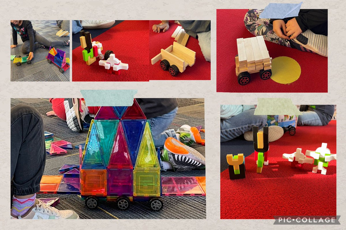 Thankful for @TASLTN and idea sharing! @jerniganlib we tried your STEM idea for 12 Sleighs for Santa! Kinder and 1st used various STEM bins or Makerspace items to design a new sleigh for Santa! #huskiesinthelibrary PS-check out the IO block characters!🎅 🦌