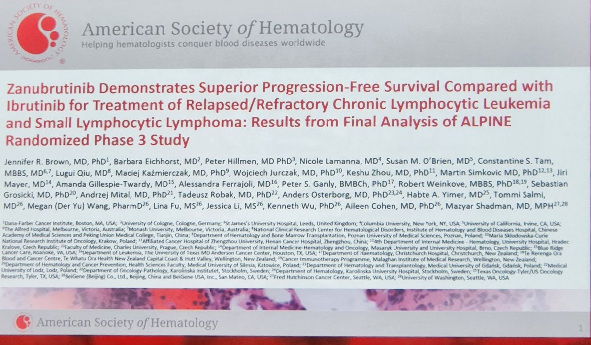 ekimblepl's tweet photo. Late breaking abstract! Congrats  @mshadman from @fredhutch - senior author on final analysis of the ALPINE study : Zanbrutinib for RR CLL - safer and more tolerable than Ibrutinib with improved PFS. https://t.co/CVHHn6q7kc
